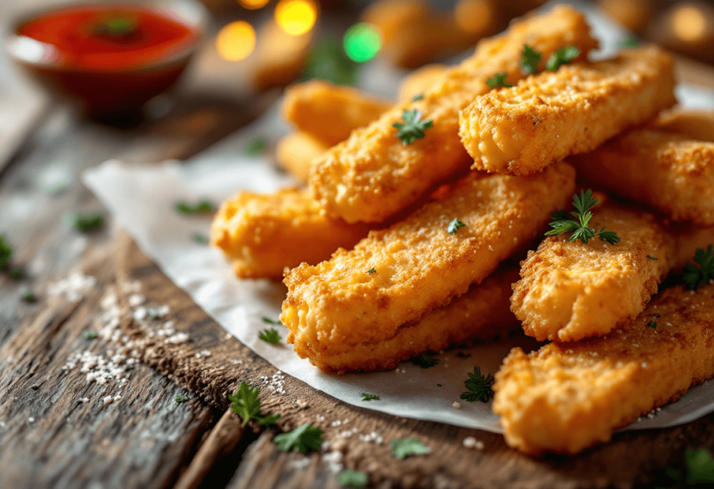 A mouthwatering display of golden, crispy cheese sticks, perfectly fried to a golden brown, served with a side of dipping sauce.