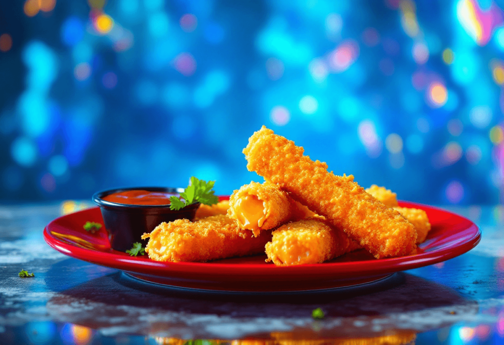 A mouthwatering display of golden, crispy cheese sticks, perfectly fried to a golden brown, served with a side of dipping sauce