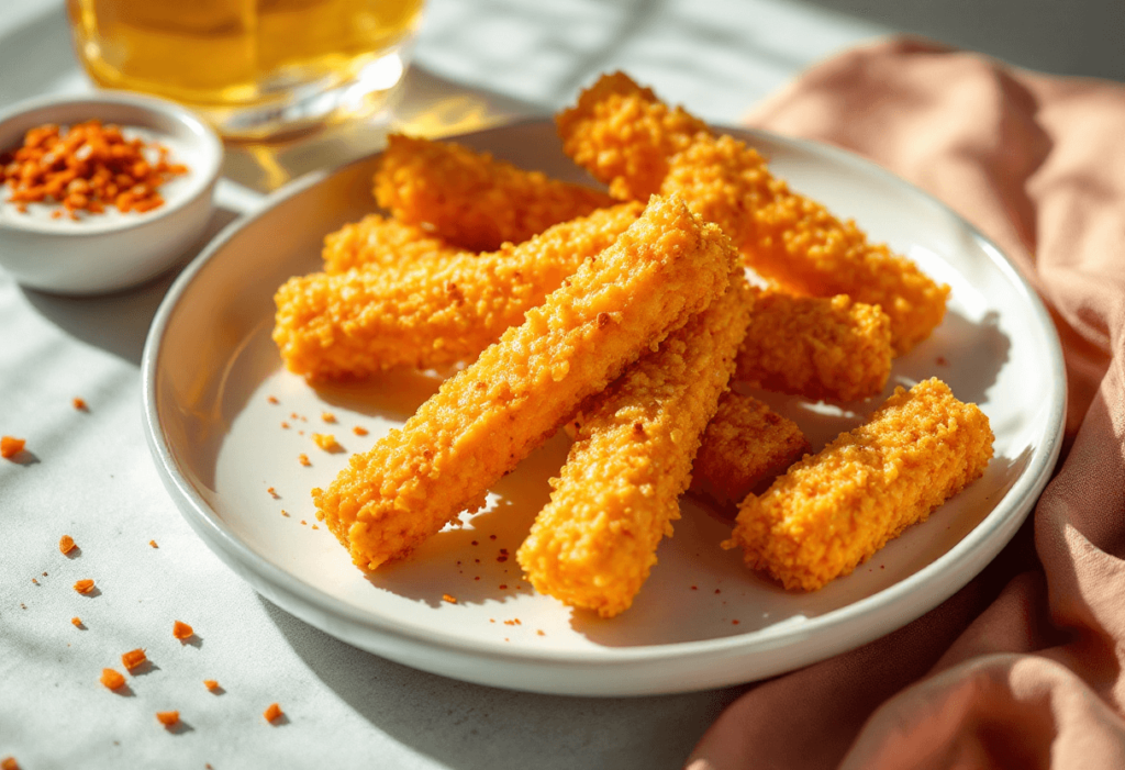 A mouthwatering display of golden, crispy cheese sticks, perfectly fried to a golden brown, served with a side of dipping sauce