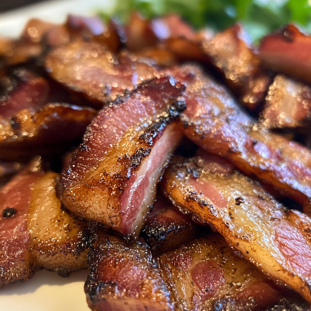 Close-up of juicy, mouthwatering slices of crispy bacon on a plate, perfectly cooked and vibrant.