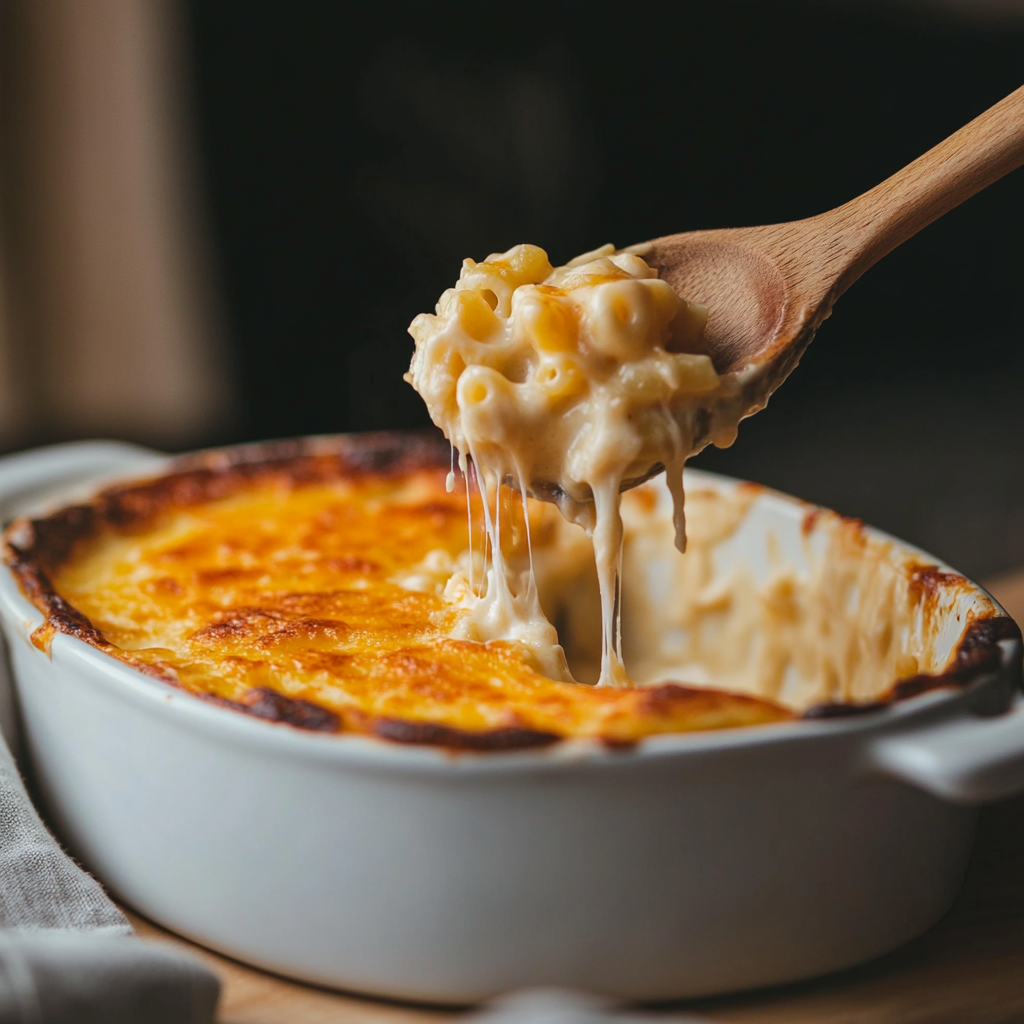 A warm, cheesy bowl of Mac & Cheese (Macaroni and Cheese) with a rich, velvety sauce, perfectly cooked pasta, and a golden crispy breadcrumb topping. The perfect comfort food!