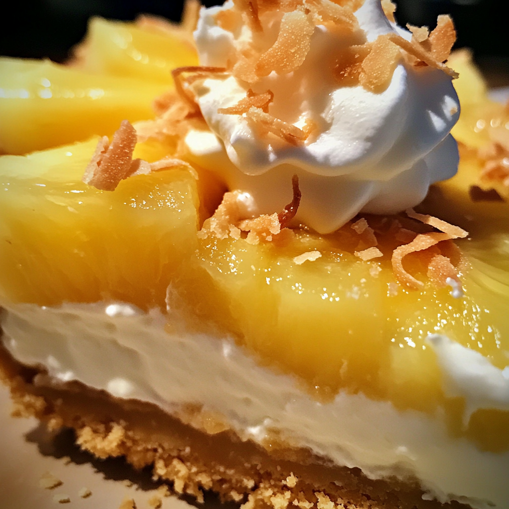 "A slice of Pineapple Cream Cheese Pie with a golden graham cracker crust, smooth cream cheese filling, and a vibrant pineapple topping, garnished with whipped cream and coconut flakes."