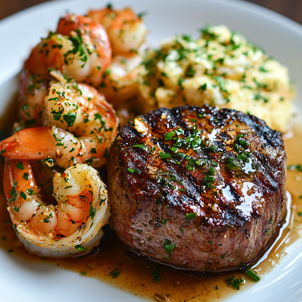 Perfectly Grilled Juicy Steak & Buttery Garlic Shrimp Served with Herbs & Lemon