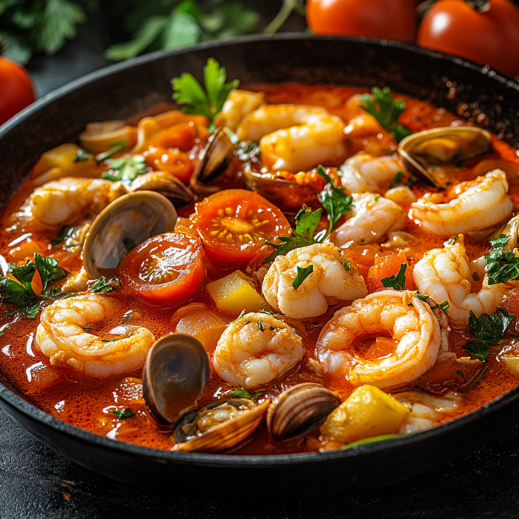 Juicy & Vibrant Seafood Mkila with Shrimp, Calamari, Clams, Tomato & Garlic