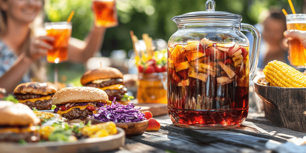 Alt Text: Serving Strawberry Sweet Tea at a BBQ