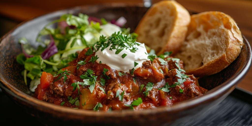 Alt Text: Served bowl of Classic Beef Goulash with sides.