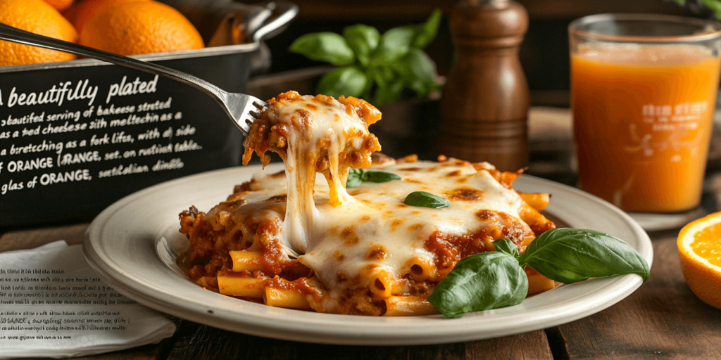 Alt Text: Delicious baked ziti with three cheeses, golden and bubbly.