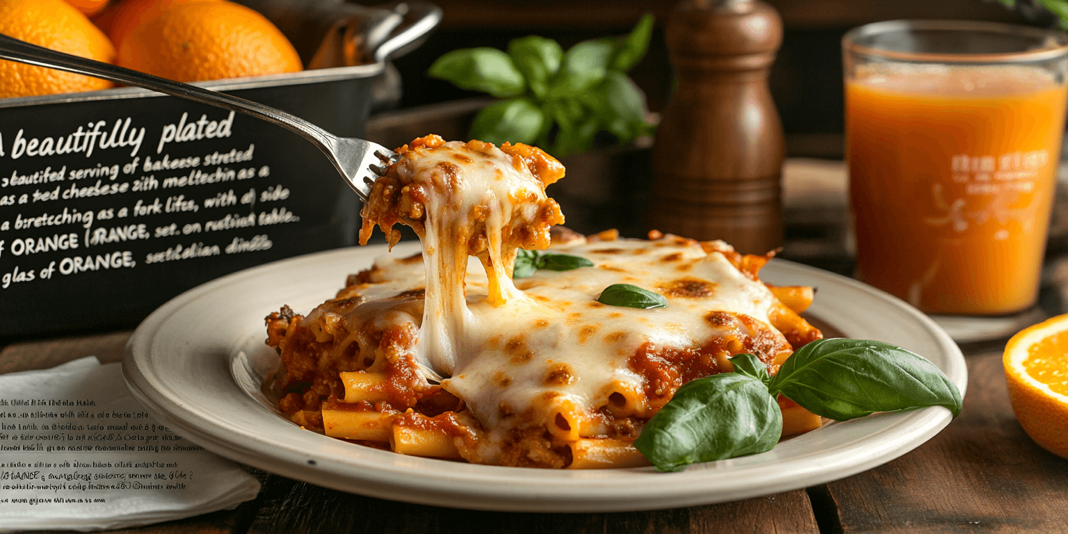 Alt Text: Delicious baked ziti with three cheeses, golden and bubbly.
