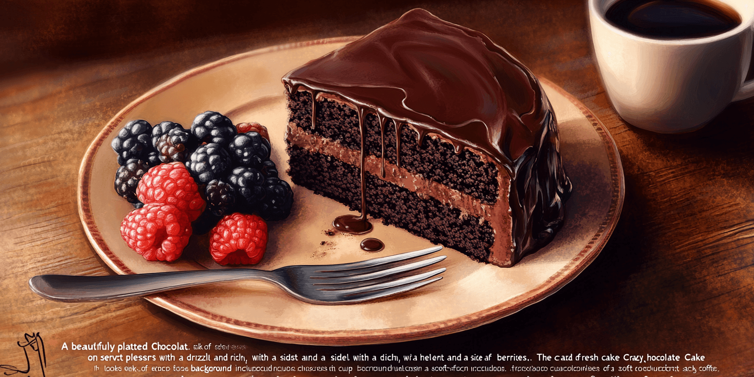 Alt Text: "A slice of Crazy Chocolate Cake served with fresh berries and a drizzle of chocolate."