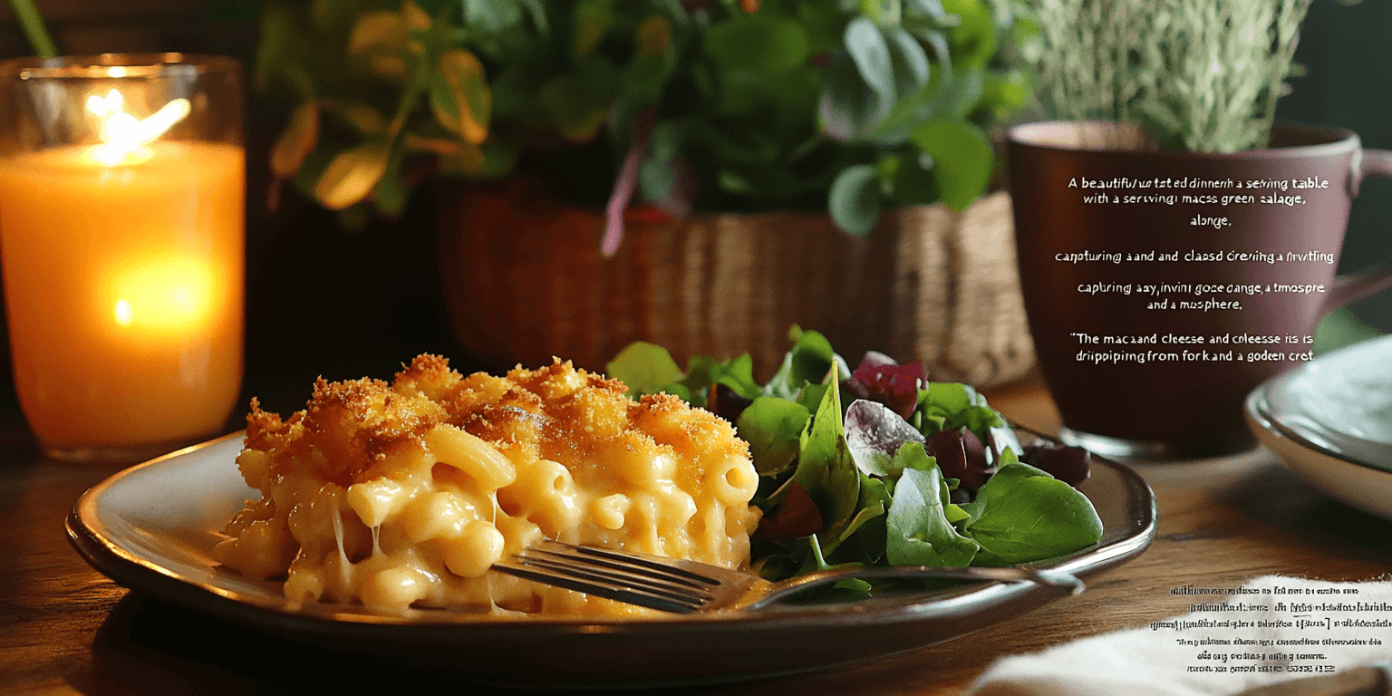 Alt Text: Baked Mac and Cheese served with a side salad and jus
