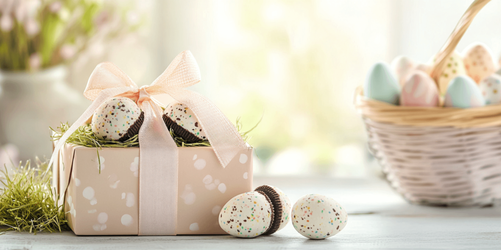 Alt Text: “A gift box filled with beautifully decorated Easter Egg Oreo Balls.”
