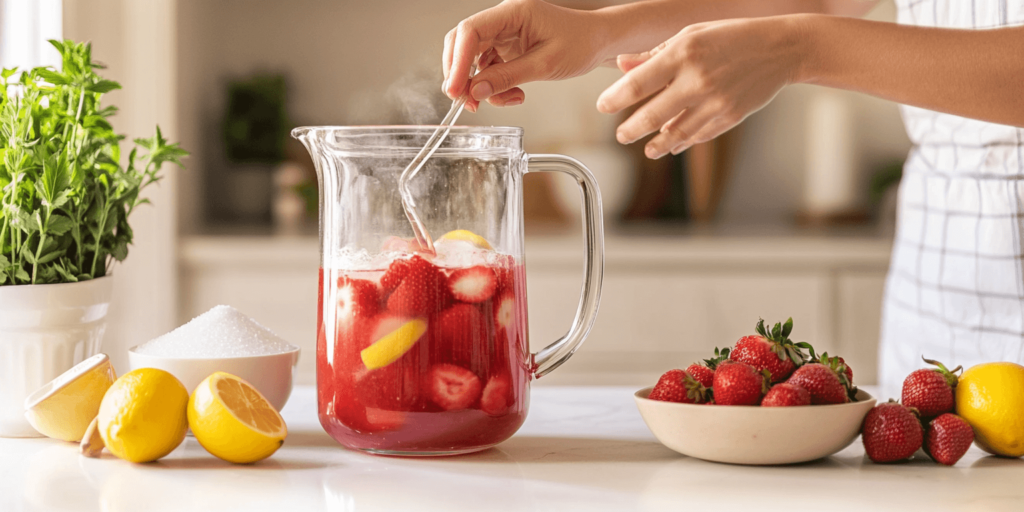 Pitcher of Refreshing Southern Style Strawberry Sweet Tea on a Front Porch