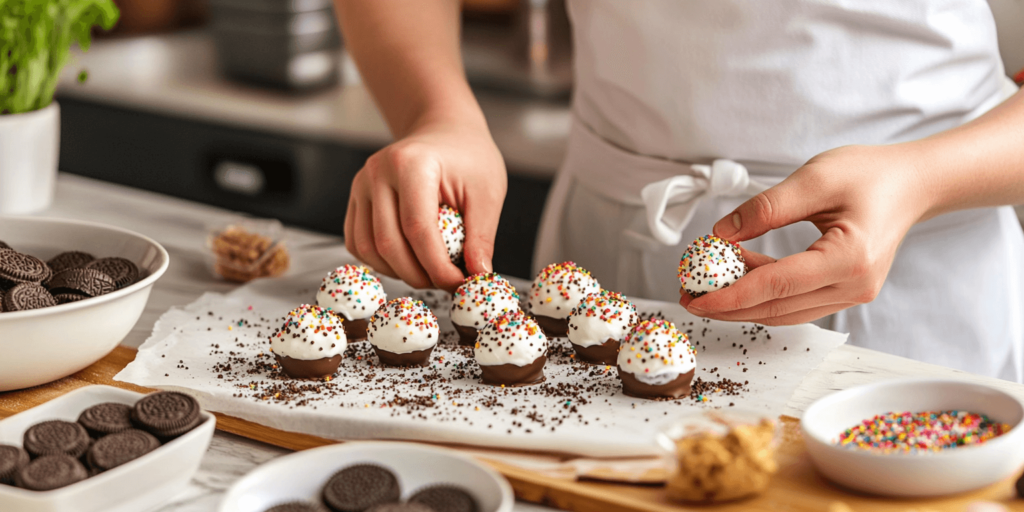 Alt Text: “Step-by-step process of making Easter Egg Oreo Balls in a bright kitchen.”
