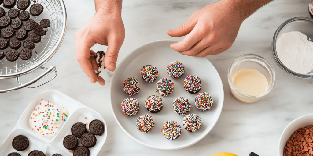 Alt Text: “Step-by-step process of making Easter Egg Oreo Balls in a bright kitchen.”
