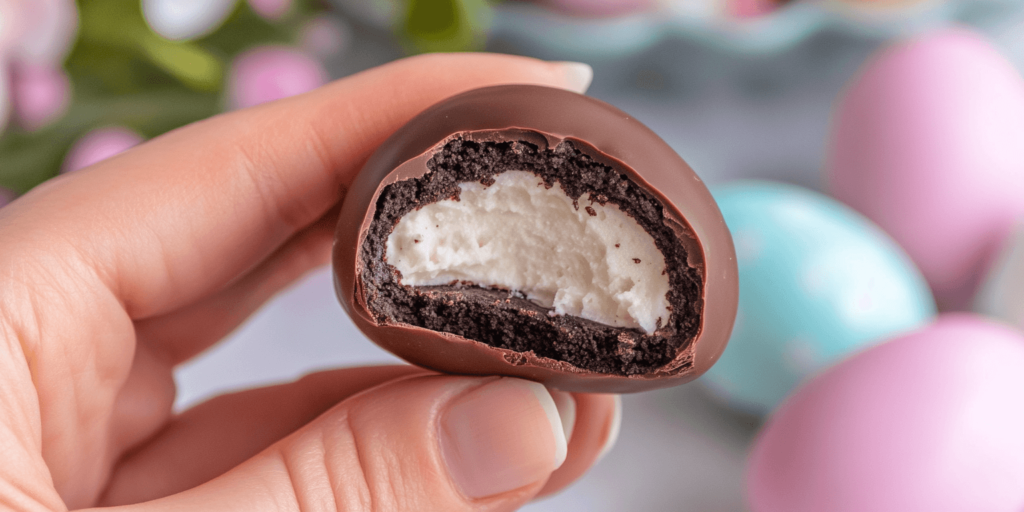 Alt Text: “A close-up of a bitten Easter Egg Oreo Ball showing creamy Oreo filling.”
