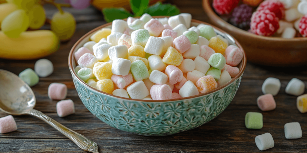 Alt Text: Marshmallow fruit salad in a bowl with fruits and marshmallows