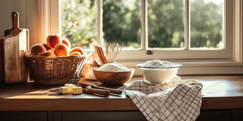 Alt Text: Ingredients for old-fashioned peach cobbler