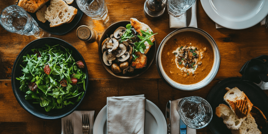 Alt Text: Creamy mushroom soup with salad and bread

