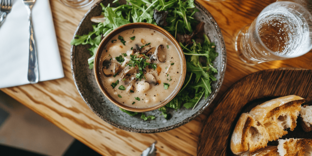 Alt Text: Creamy mushroom soup with salad and bread

