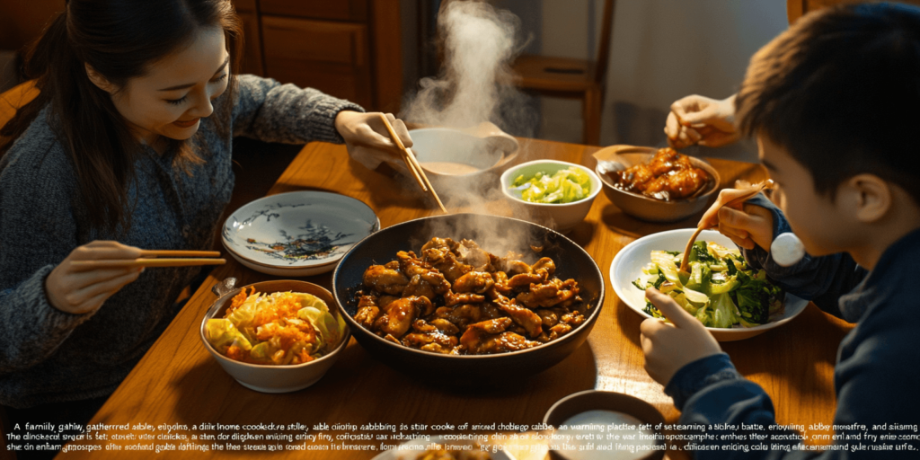 Alt Text: A family enjoying a homemade chicken cabbage stir-fry meal.
