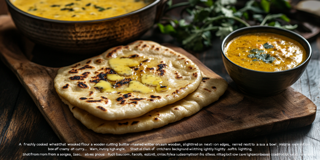 Alt Text: Soft wheat flour butter naan brushed with butter on cutting board