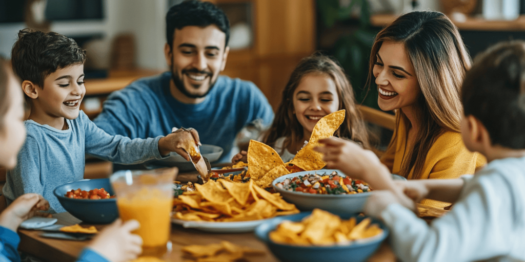 Alt Text: Family enjoying Frito Taco Salad at dinner

