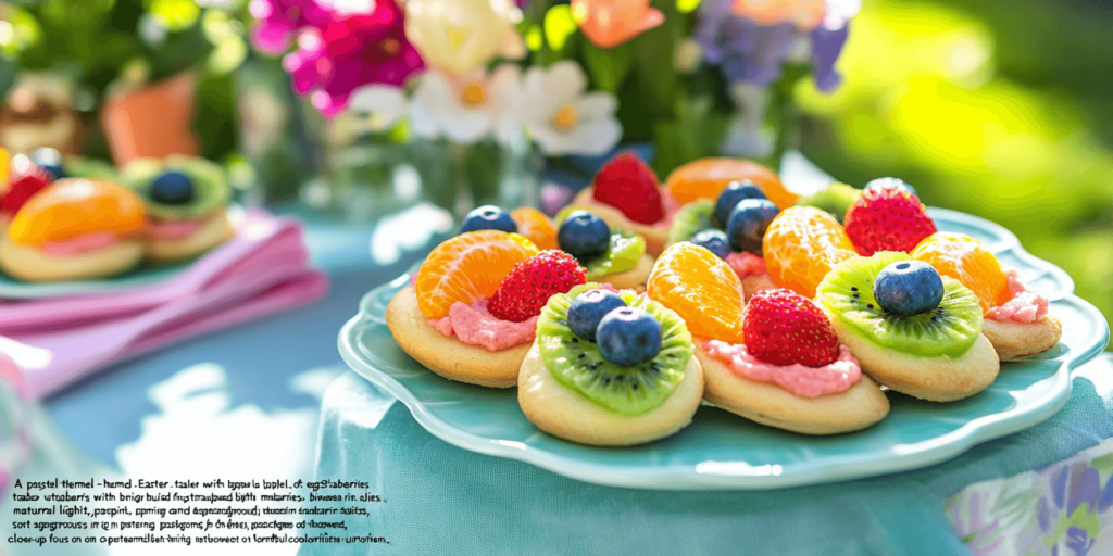 Alt Text: Colorful Easter Egg Fruit Pizzas on Spring Table