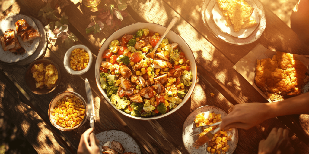 Alt Text: Broccoli Crunch Salad served at a summer BBQ picnic