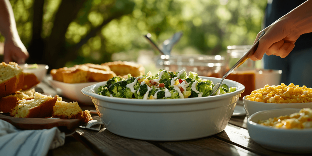 Alt Text: Broccoli Crunch Salad served at a summer BBQ picnic