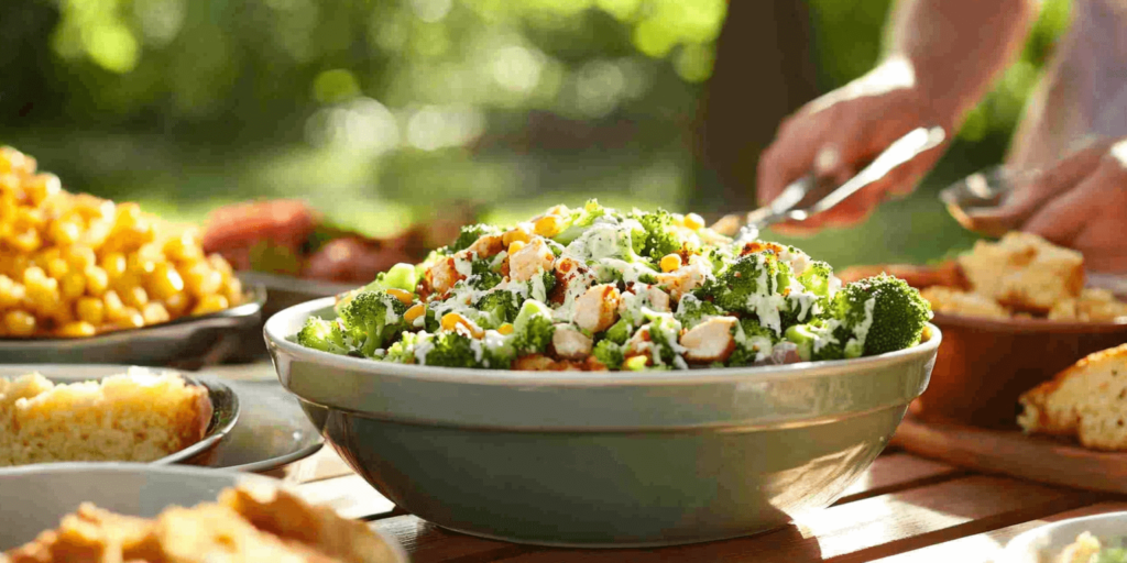 Alt Text: Broccoli Crunch Salad served at a summer BBQ picnic