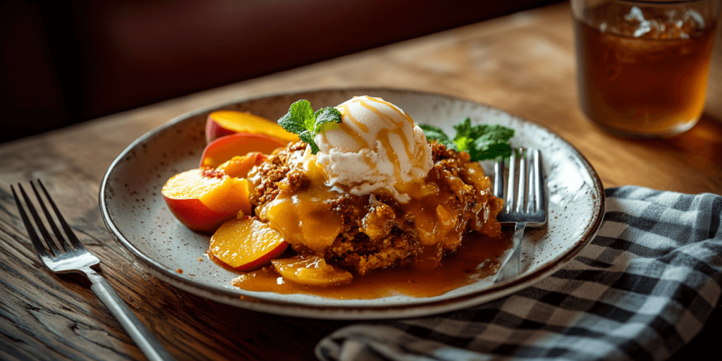 Alt Text: Served old-fashioned peach cobbler with ice cream