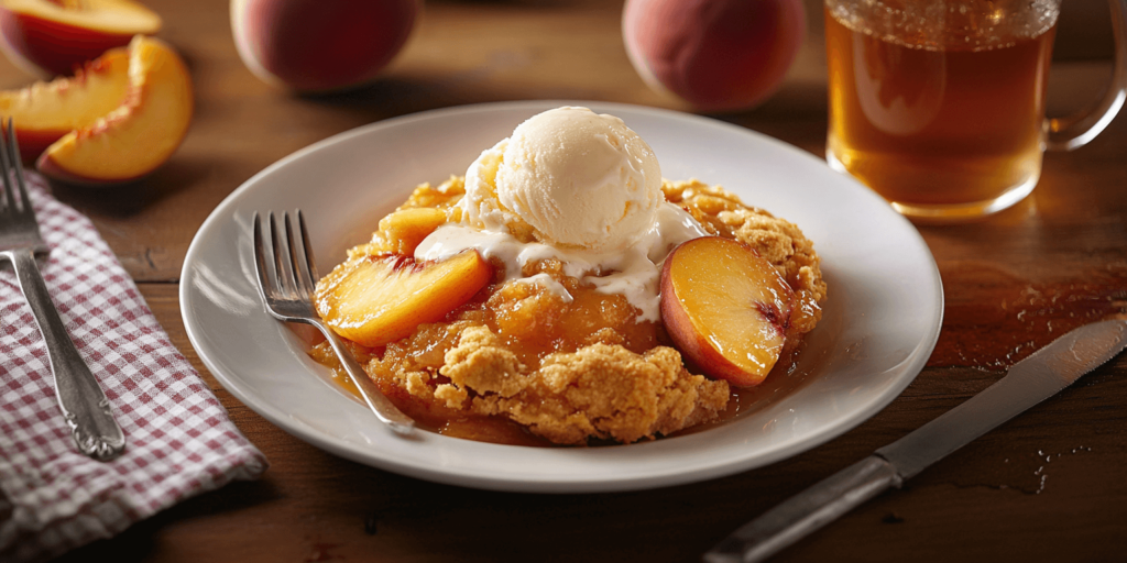 Alt Text: Served old-fashioned peach cobbler with ice cream
