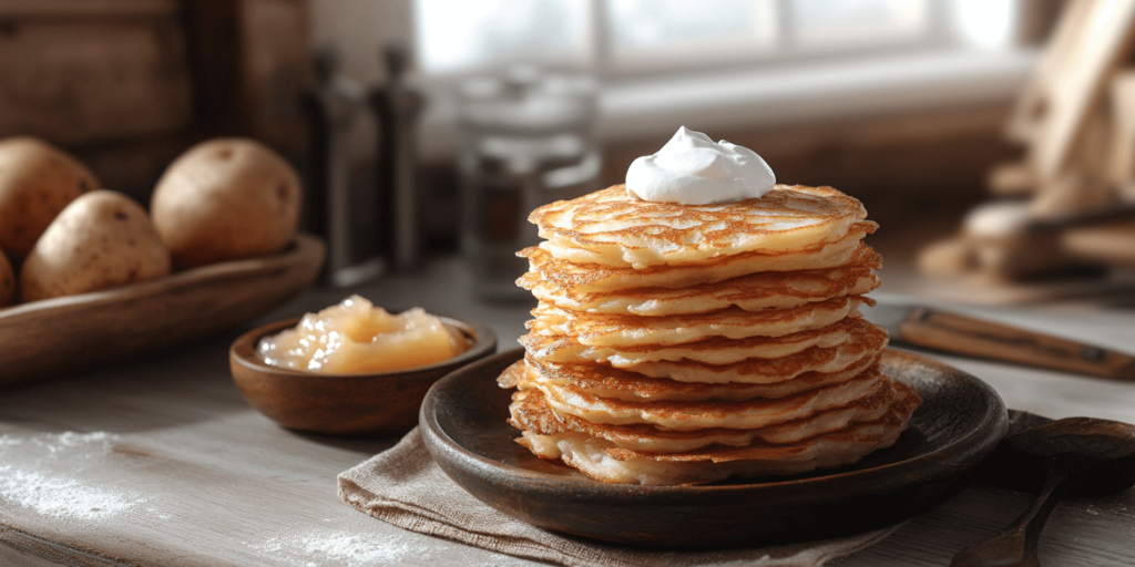Crispy homemade potato pancakes served with sour cream and applesauce