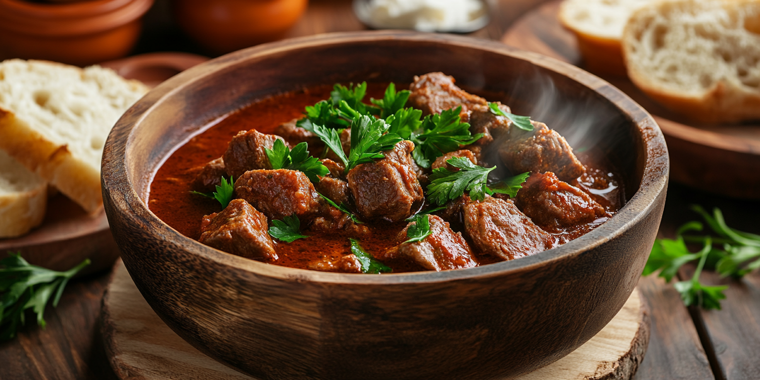 Classic Beef Goulash in rustic bowl with bread