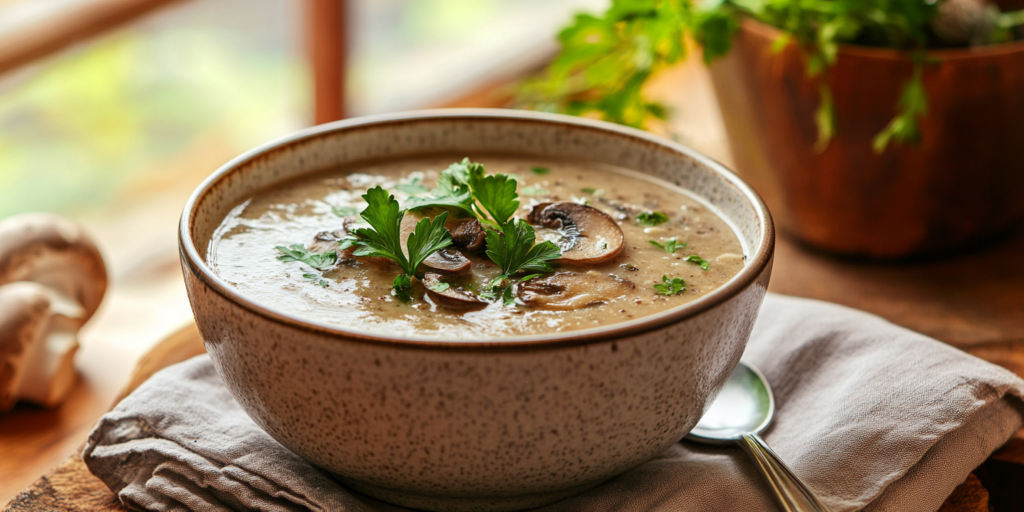 Alt Text: Bowl of warm mushroom soup on kitchen table