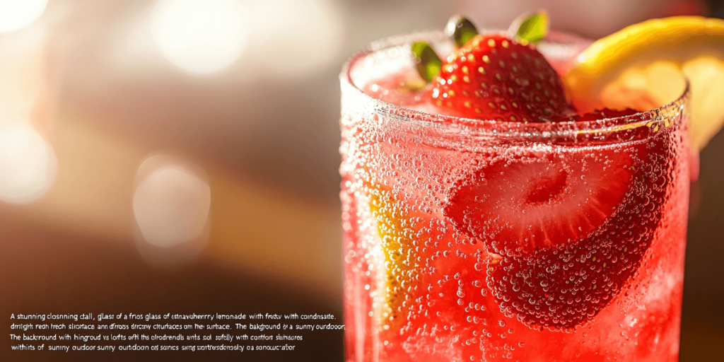 Alt Text: Refreshing homemade strawberry lemonade with lemon slices and fresh strawberries