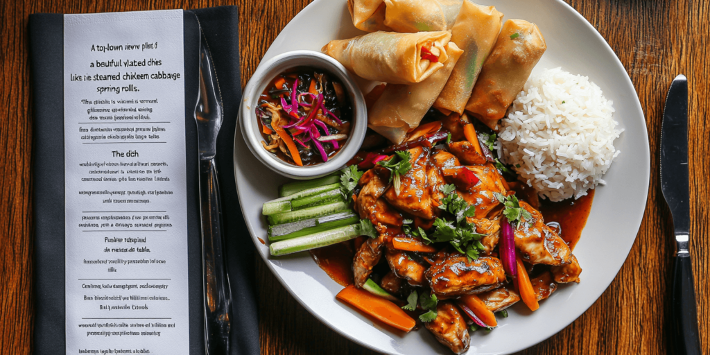 Alt Text: A plated chicken cabbage stir-fry served with rice and spring rolls.
