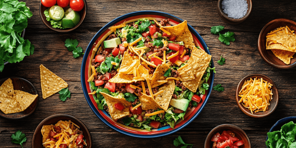Alt Text: Colorful Frito Taco Salad in a bowl with toppings

