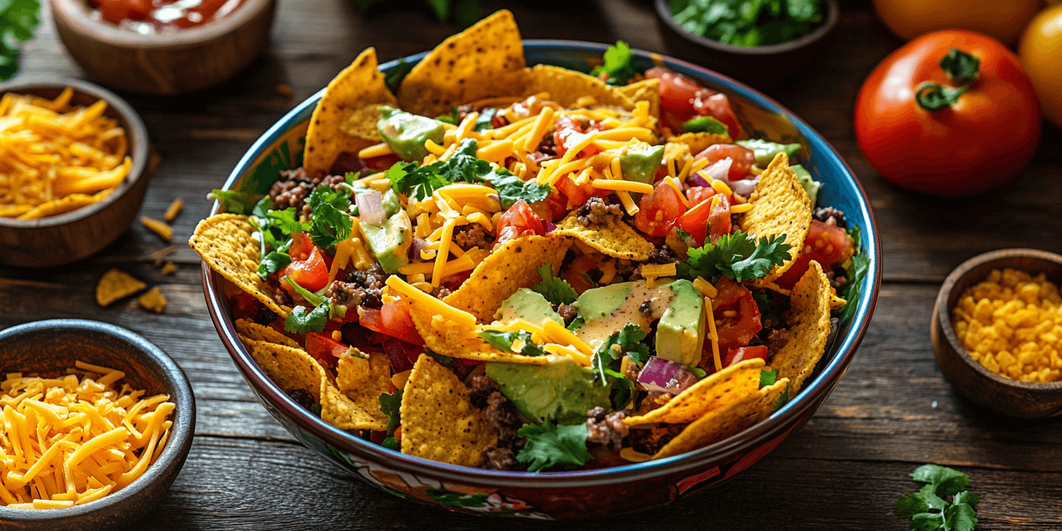 Alt Text: Colorful Frito Taco Salad in a bowl with toppings