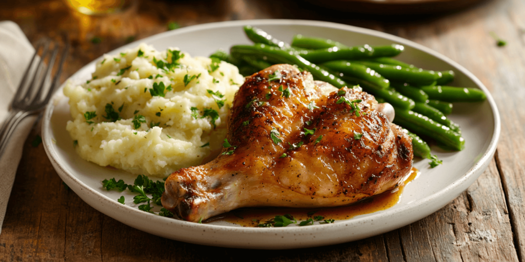 Alt Text: Melt in Your Mouth Chicken served with mashed potatoes and vegetables.