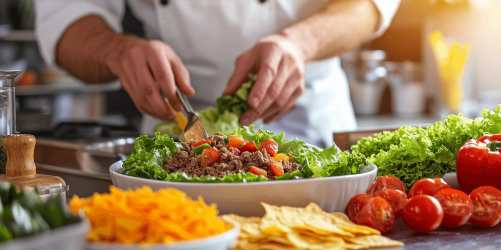 Alt Text: Ingredients and preparation of Frito Taco Salad

