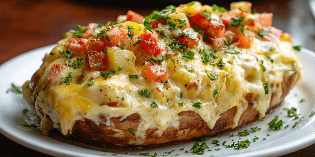 Alt Text: Plated slice of gratin baked omelet with salad and juice