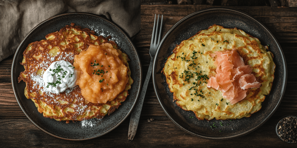 Alt Text: Kartoffelpuffer served in two ways – sweet with applesauce and savory with sour cream & salmon.