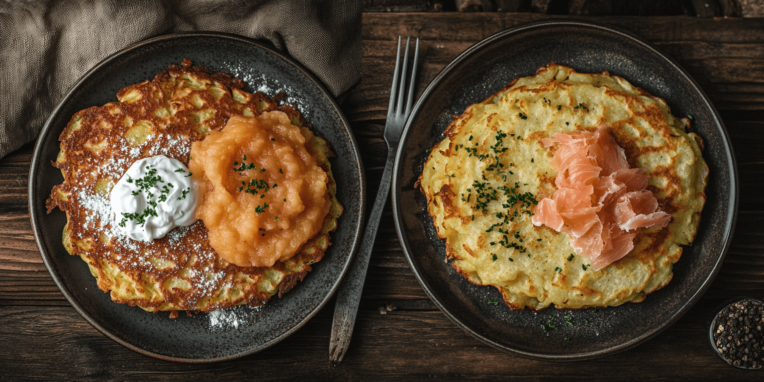 Alt Text: Kartoffelpuffer served in two ways – sweet with applesauce and savory with sour cream & salmon.