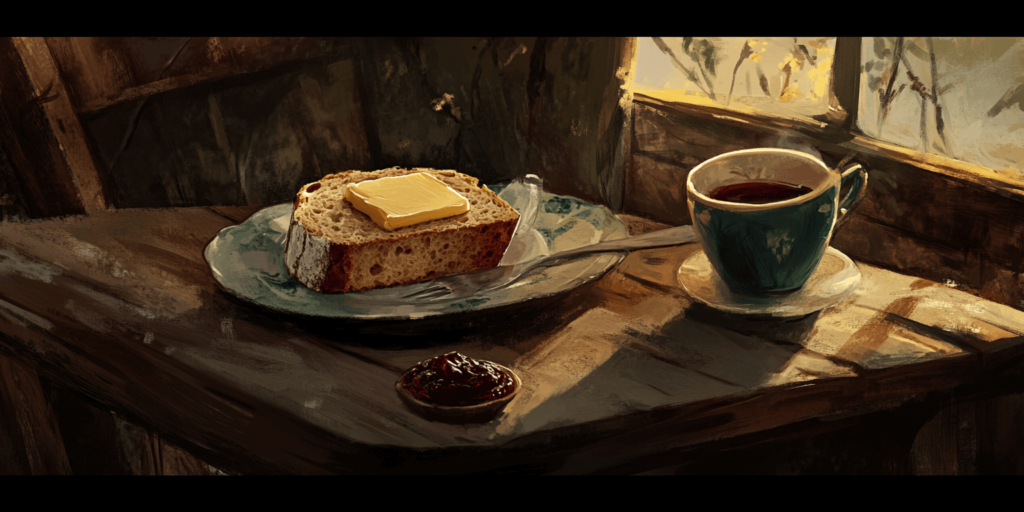 Alt Text: A warm slice of Irish soda bread with butter and jam.
