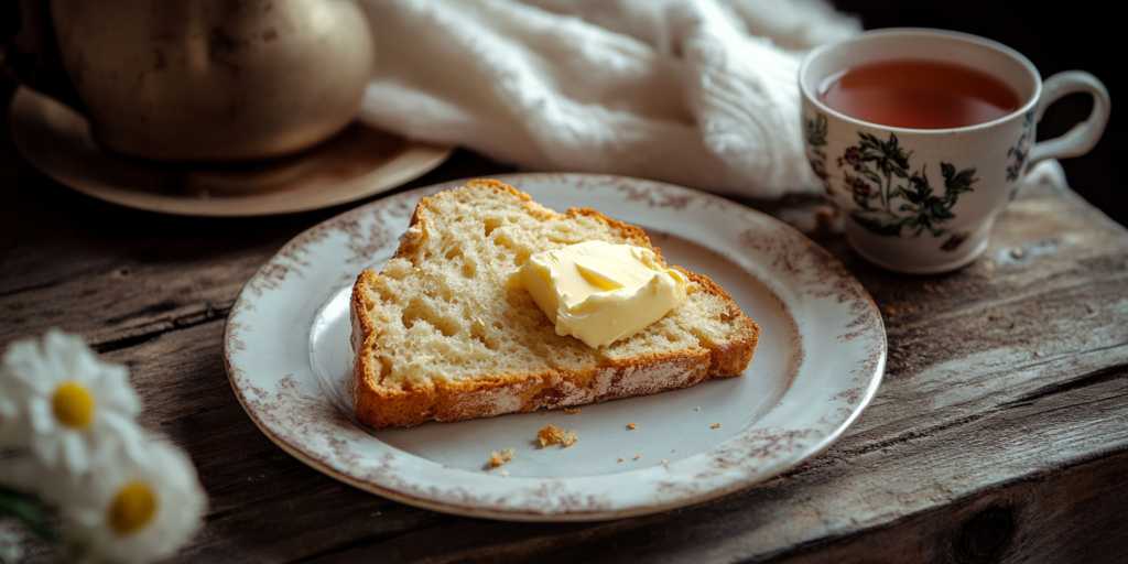Alt Text: A warm slice of Irish soda bread with butter and jam.
