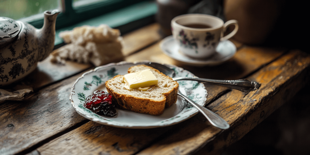 Alt Text: A warm slice of Irish soda bread with butter and jam.