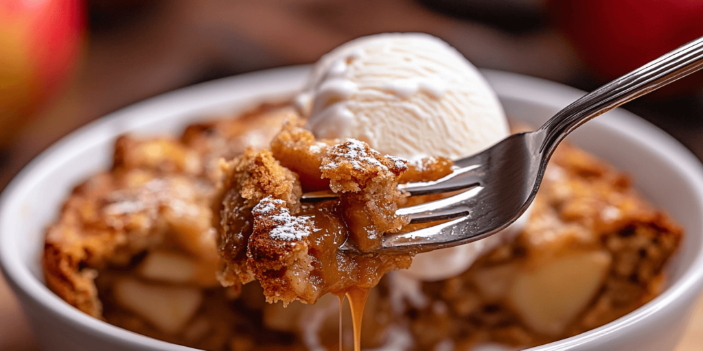 Alt Text: Fork slicing into warm caramel apple dump cake with ice cream