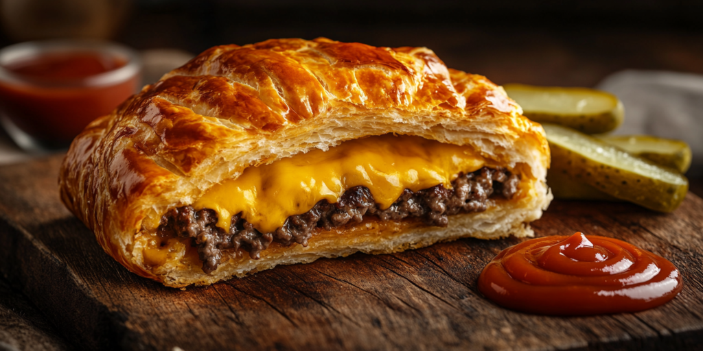 Alt Text: Cheeseburger Pocket sliced open with melted cheese