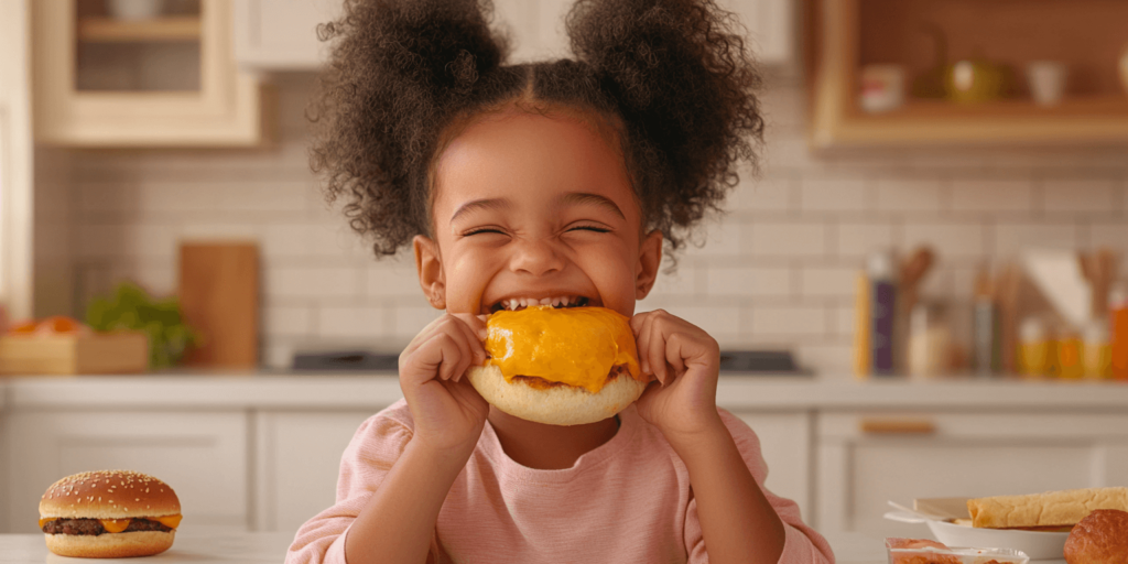 Alt Text: Child enjoying a cheeseburger pocket
